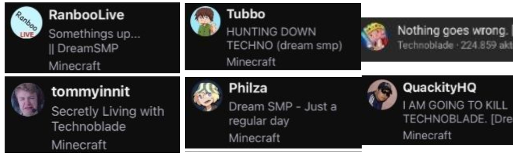 screenshots of stream titles from dream smp members at the same date and time